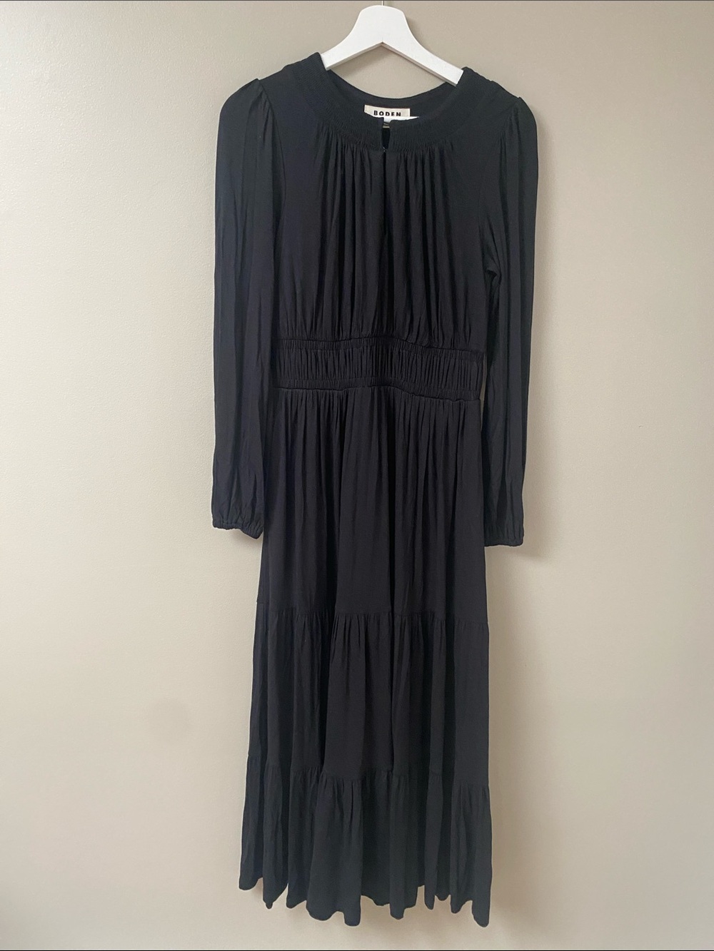 Boden Black Long Sleeve Tiered Maxi Dress